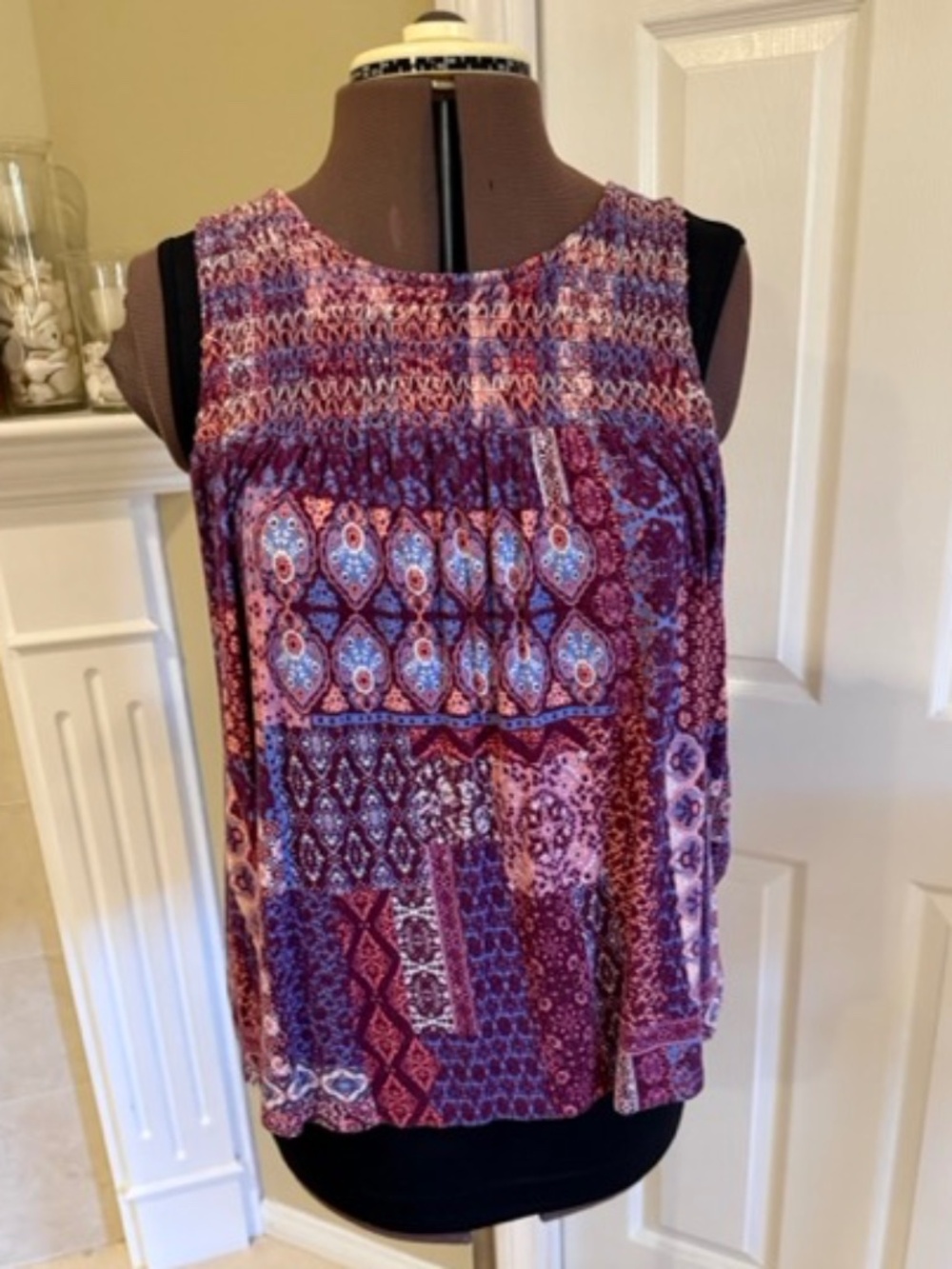 LUQ Boho Patchwork Smocked Sleeveless Top Burgundy Blue Size M